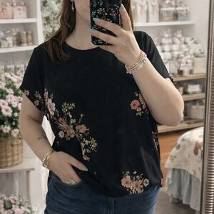 SHEIN Black Short Sleeve Top with Pink and Green Floral Print